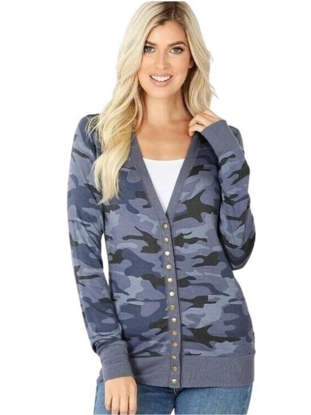 Zenana Blue Camo Snap-Front Women's Cardigan Sweater